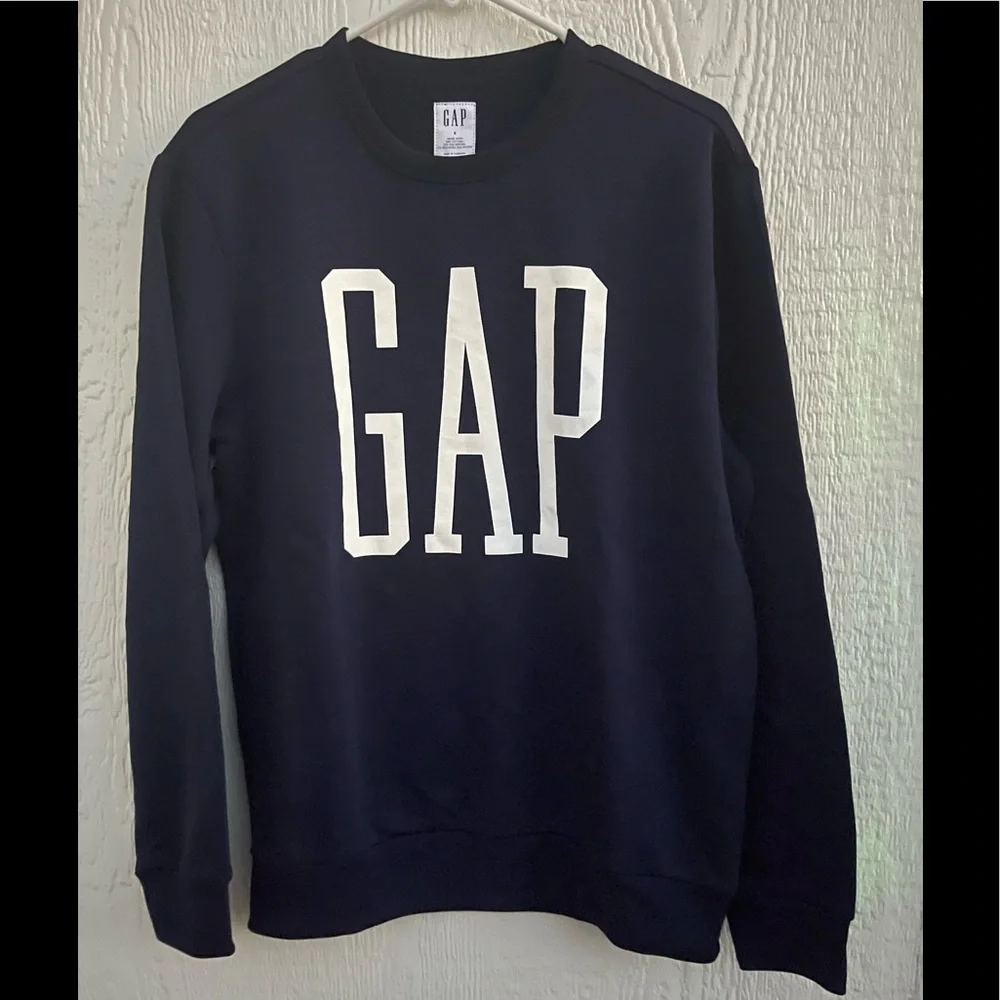 GAP Men's Fleece lined Gap Logo Pullover Sweatshirt crewneck navy blue sz S - Picture 2 of 4